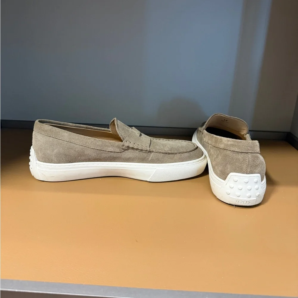 Tod's Taupe Suede Penny Loafers with White Rubber Sole